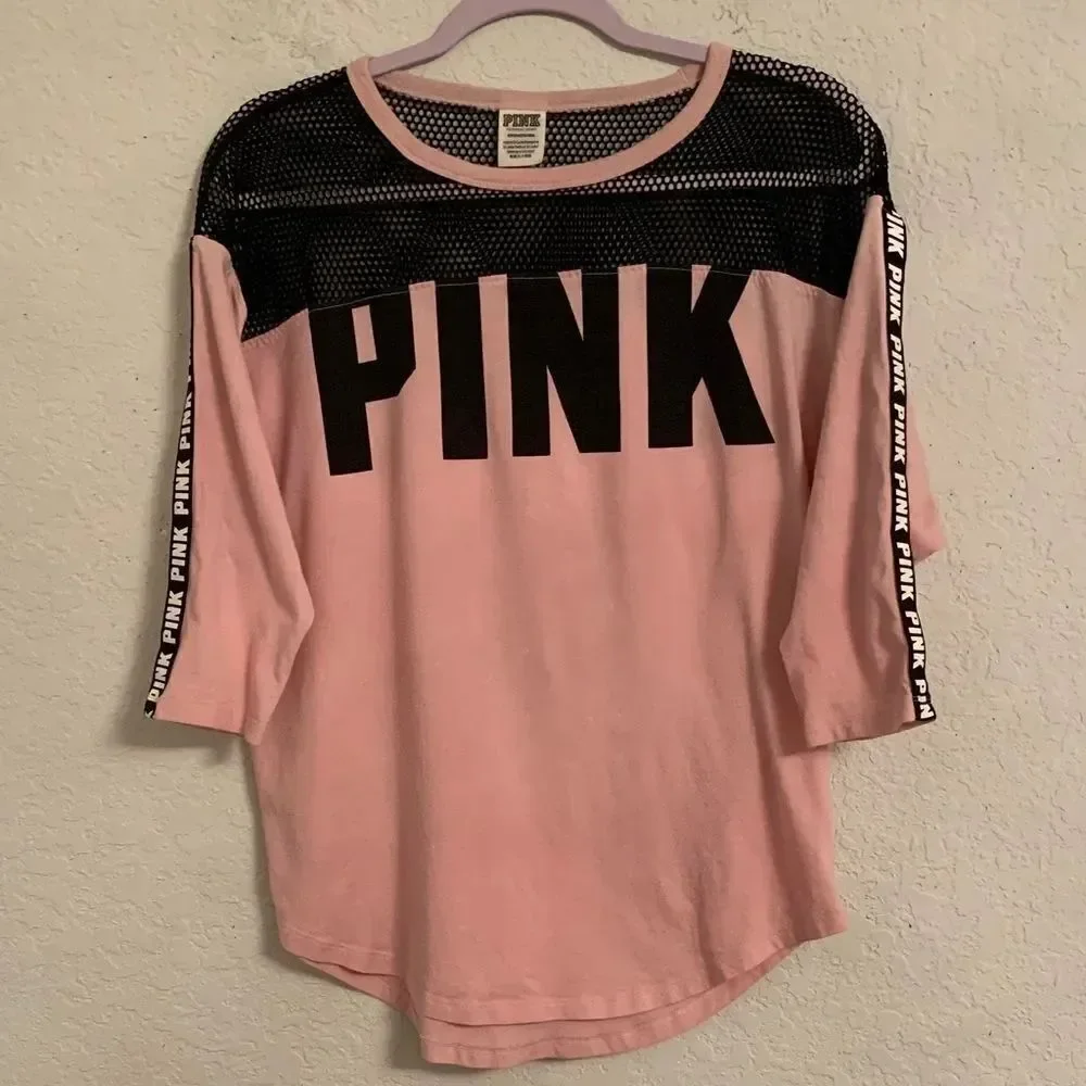 PINK Victoria's Secret Pink and Black 3/4 Sleeve Mesh Top Size S